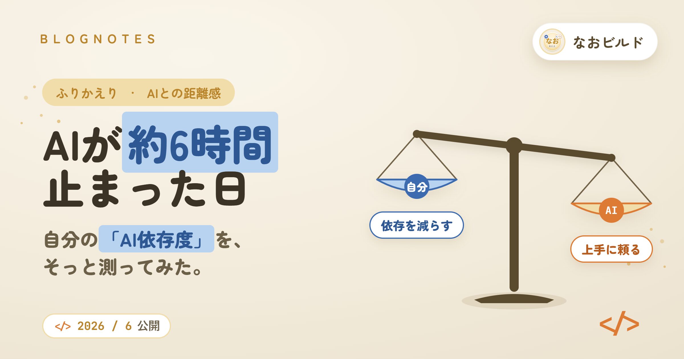 AIが約6時間止まった日」の記事アイキャッチ。天秤に自分とAIを乗せ依存度を表現